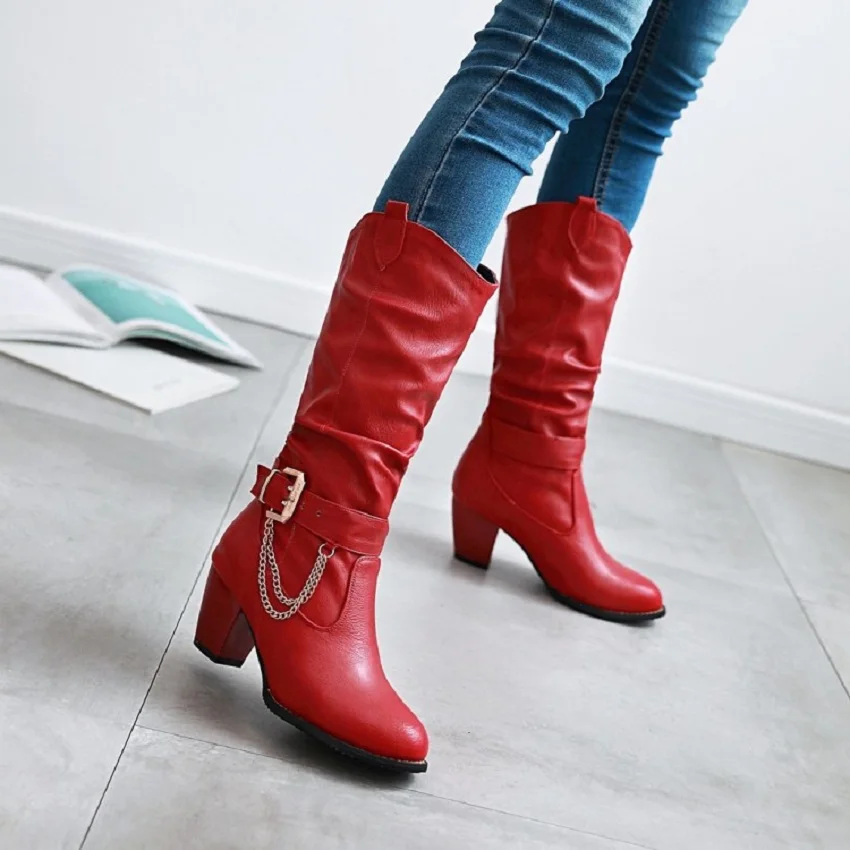

SALCXOI 2017 new winter boots women short plush mid-calf fashion riding boots black woman high-heeled shoes free shipping &M-8