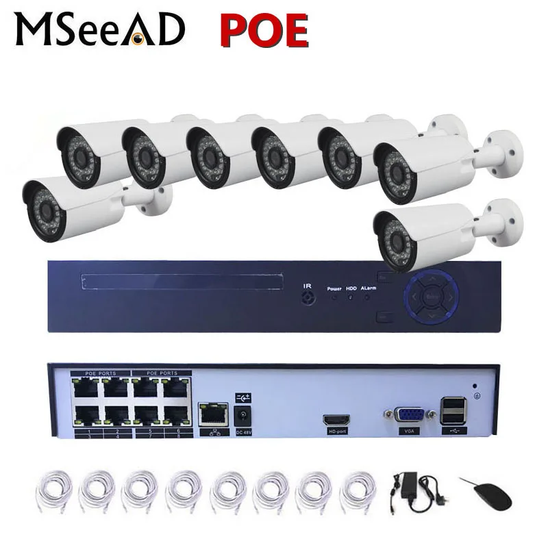 MSeeAD 8CH POE CCTV система HD 720P NVR с 8 шт. наружная IP камера Водонепроницаемая P2P ONVIF ИК