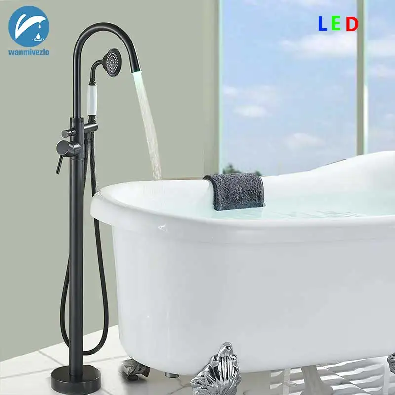 

LED Black Bathtub Floor Stand Faucet Mixer Single Handle Mixer Tap 360 Rotation Spout With ABS Hand shower Bath Mixer Shower