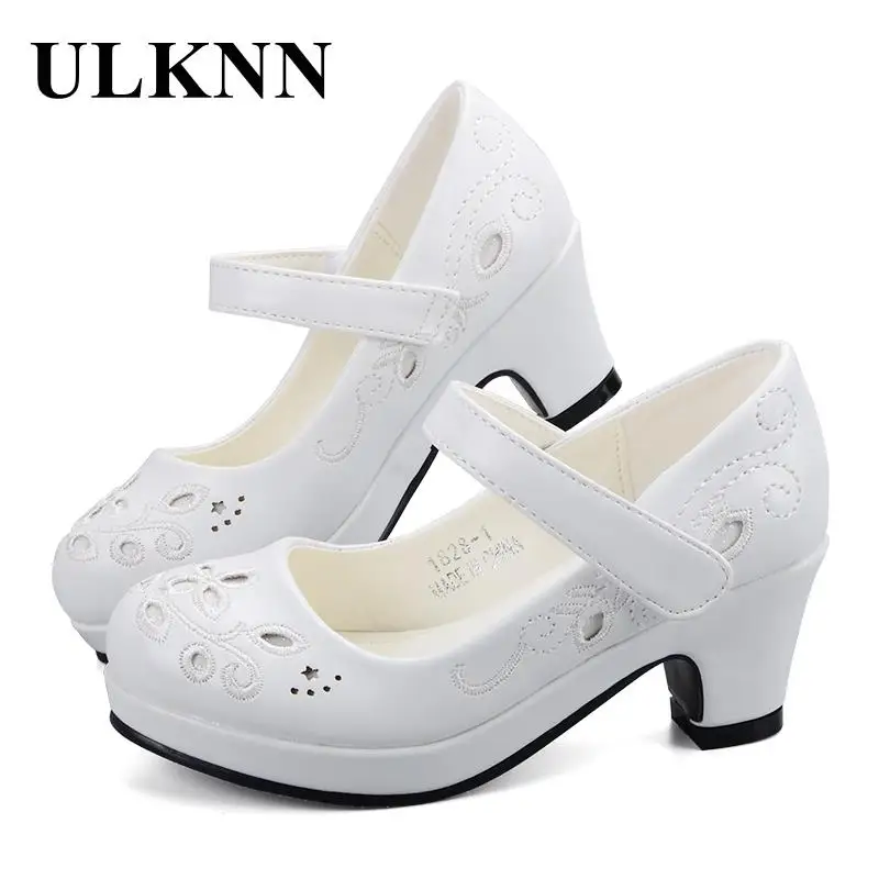 ULKNN/весенне-Осенняя обувь принцессы для девочек; кожаная детская обувь на высоком каблуке с цветами; обувь для девочек; вечерние свадебные