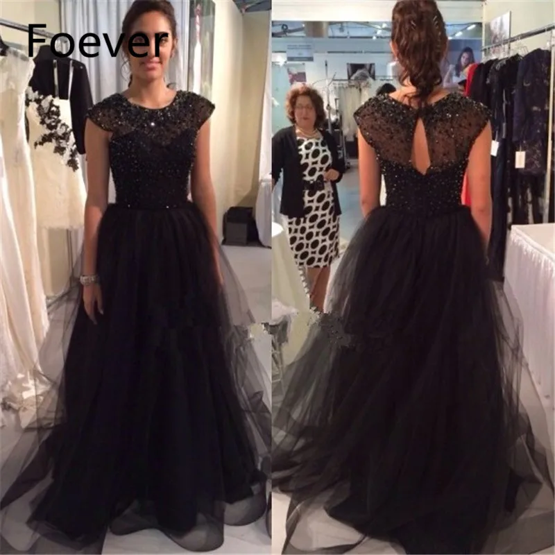 

abendkleider 2019 Cap sleeve robe de soiree Vestido de festa longo Lace Beaded Black long evening dresses for women