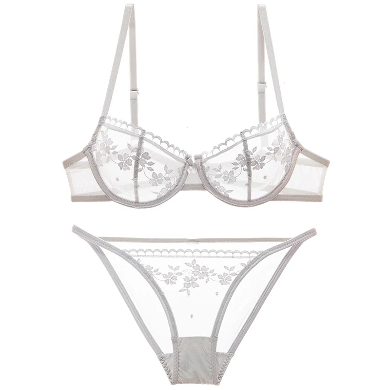 Koop Shaonvmeiwu Super Dunne Geen Spons Transparante Bh Sexy Bh Set Vrouwelijke Perspectief Mesh Borduren Ondergoed Zomer