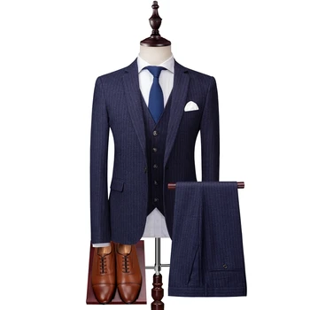 

Autumn blue mens striped suit three-piece suit (suit Blazer + vest + pants) black gray men's business wedding party suit
