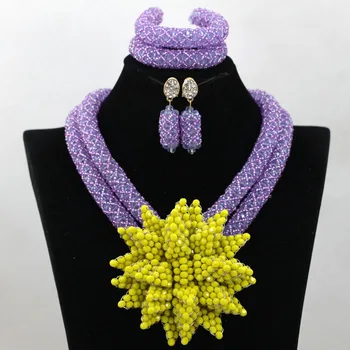 

Luxury Purple Nigerian Women Wedding Bridal Jewelry Set Flower Necklace Bridesmaid African Beads Jewelry Set Free Shipping QW445