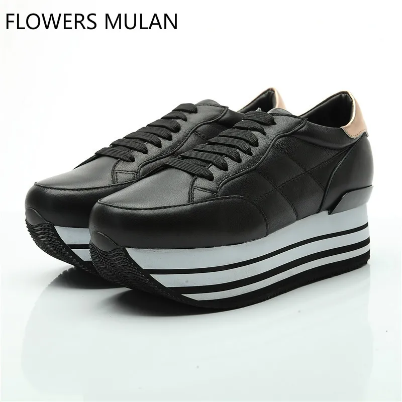 

Black White Stripes Platform Soft Leather Women Shoes Lace Up High Heels Casual Shoes Sneaker For Women's Size34-40