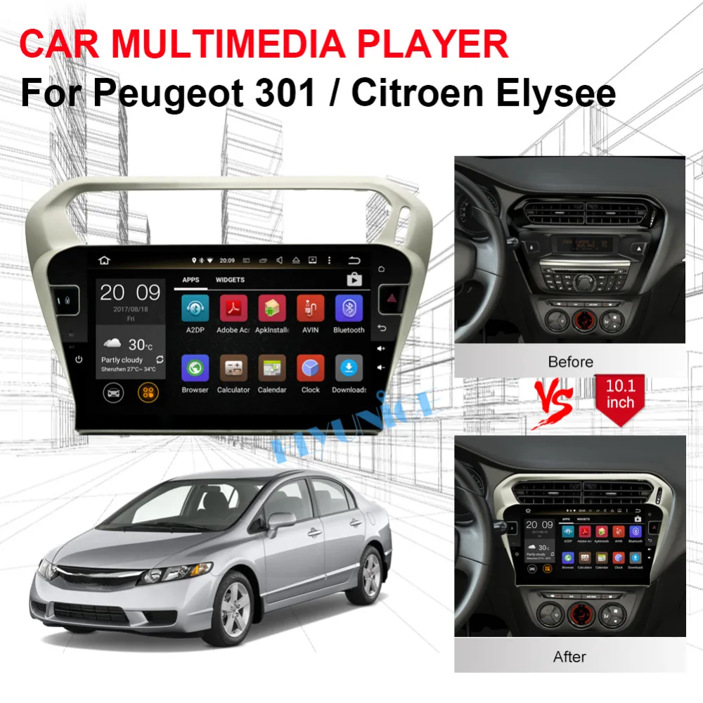 Clearance 10.1 Inch IPS Screen 4GB RAM Android Car Radio Stereo For Peugeot 301/Citroen Elysee 2014 2015 2016 2017 Bluetooth Wifi OBD DAB+ 0