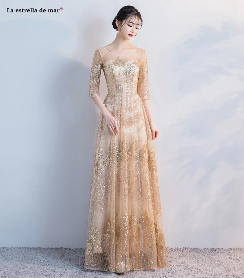 Vestido de madrinha de casamento longo новый кружева блестки Половина рукава линия Золотой bridsmaid платья красивые