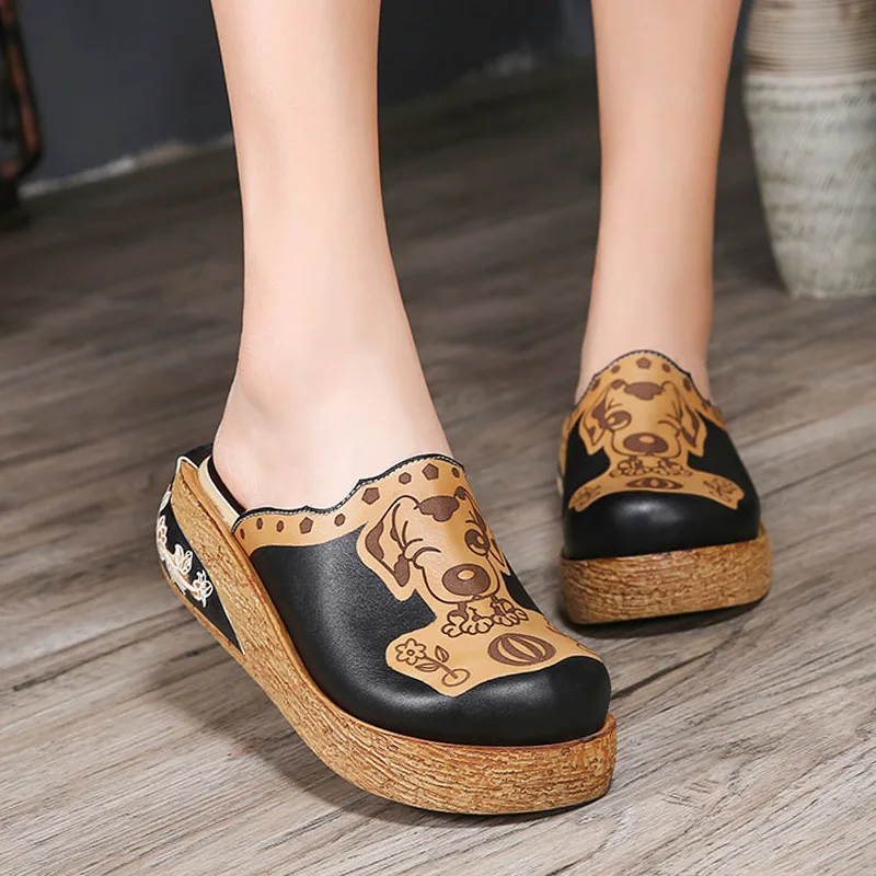 

Fashion Thick Heel Slippers Women Beach Flip Flop Slippers Genuine Leather Wedges Woman Soft Animal Pattern Round Toe Sandals
