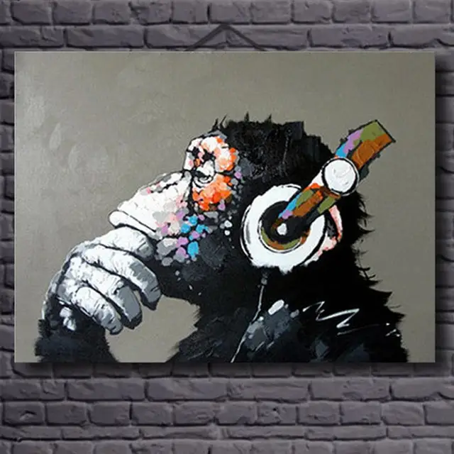 Hand Painted Canvas Oil Paintings Gorilla Enjoying Music Modern Animals Wall Pictures For Living Room Unframed Canvas Wall Art