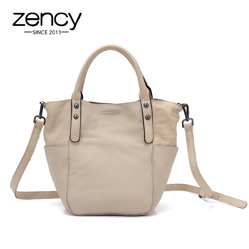 

Zency Retro Composite Bag 100% Genuine Cowhide Leather Summer Beige Handbag Simple Bucket Tote Purse Lady Crossbody Bags Black