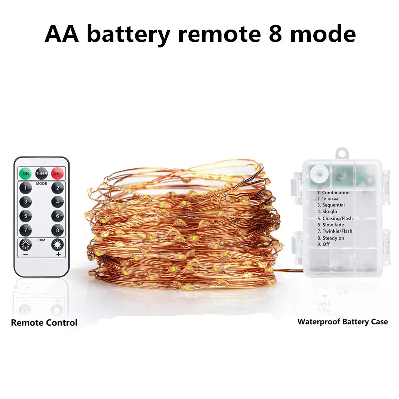 Рождественский светильник 5/10 м водонепроницаемый пульт дистанционного управления Сказочный светильник s батарея USB работающий украшение 8 режимов таймер светодиодный медный провод