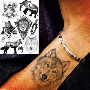 

Black Sketch Wolf Triangle Lion Waterproof Tattoos Stickers Women Men Body Arm Wrist Tattoo Temproary Tribe Adhesive Custom Tato