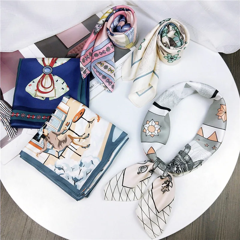 

70*70cm Spring Summer Retro Fashion Ladies Print Scarves Literary Silk Foulard Headband Women Square Scarves Neckerchief Shawls