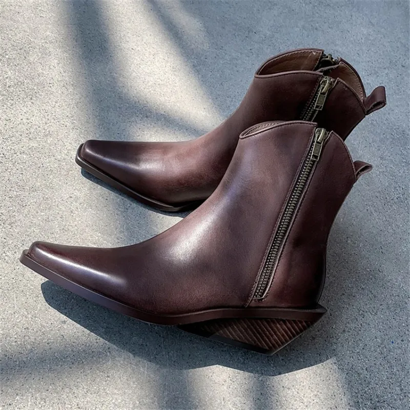 Классические ботинки «Челси» в стиле ретро; женские ботильоны из натуральной кожи; не сужающийся книзу массивный каблук; женские туфли в стиле панк; классические ботинки на молнии с квадратным носком