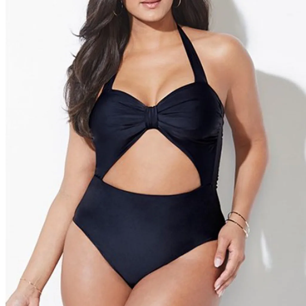 

Plus Size Swimwear Women Black One Piece Swimsuit Women Solid Swimming Suit For Womens Hollow Out V-Neck Sexy Swim Suit Womens