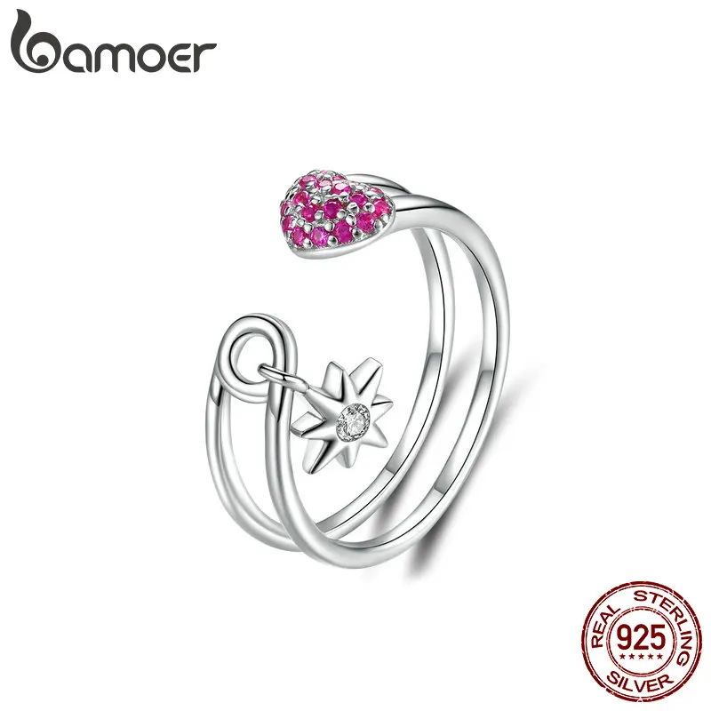 

BAMOER Heart Pin Open Ring for Women 925 Sterling Silver Full Pave CZ Star Adjustble Ring Female Korean Accessories BSR038
