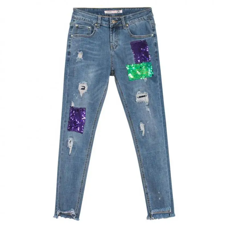

Summer Spring Fashion Womens Embroidery Sequined Ripped Hole Stretch Tassel Dneim Trousers , Fall Glitter Jeans Pants For Women