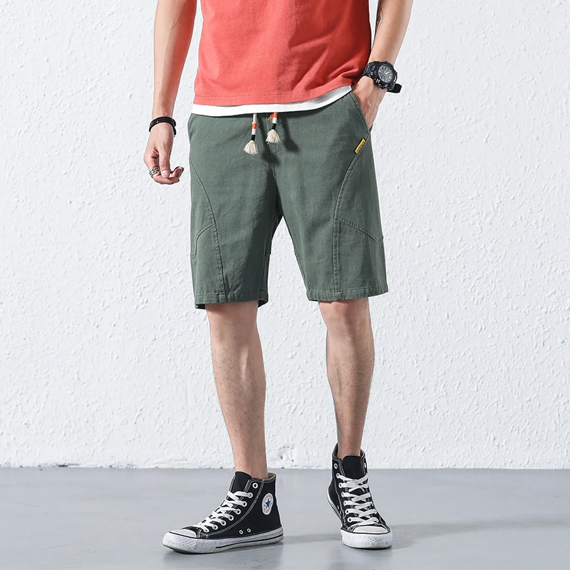 Summer Casual Shorts Men Cotton Mid Drawstring Regular Knee Length Solid Pockets Black Brown ArmyGreen Men Short BINHIIRO CS1901