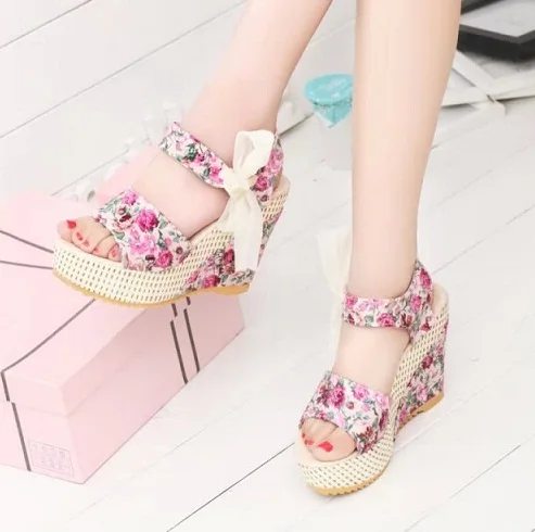 

2017 Women Sandals Summer Wedges Women's Sandals Platform Lace Belt Bow Flip Flops open toe high-heeled Women shoes Female 35-40