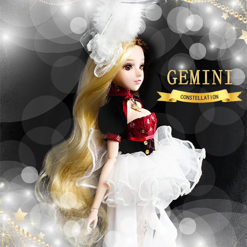

MMG Girl fortune days BJD doll 12 constellations Gemini golden mix white outfit boots stand necklace joint body toy gift