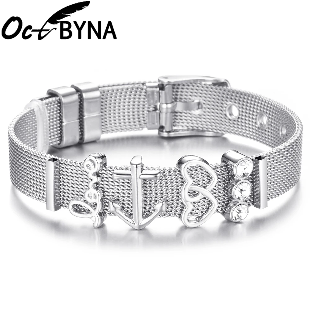 

2019 Strap Mesh Bracelet For Women Anchor Love Heart Lock Charms Metal Wristband Rose Gold Silver Color Brand Bracelet&Bangle