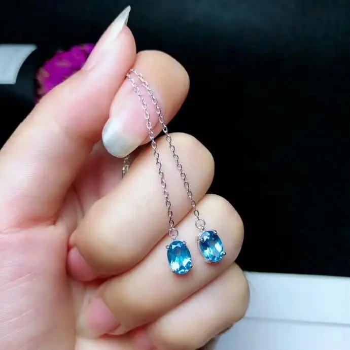 

shilovem 925 silver sterling natural Blue topaz Drop Earrings line trendy fine Jewelry 5*7mm new wholesale women yhe050703agb