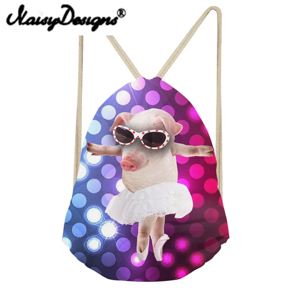 NOISYDESIGNS 3D animals dancing pig Printed Drawstring Backpack for women School Shopper for girls fashion Mochila