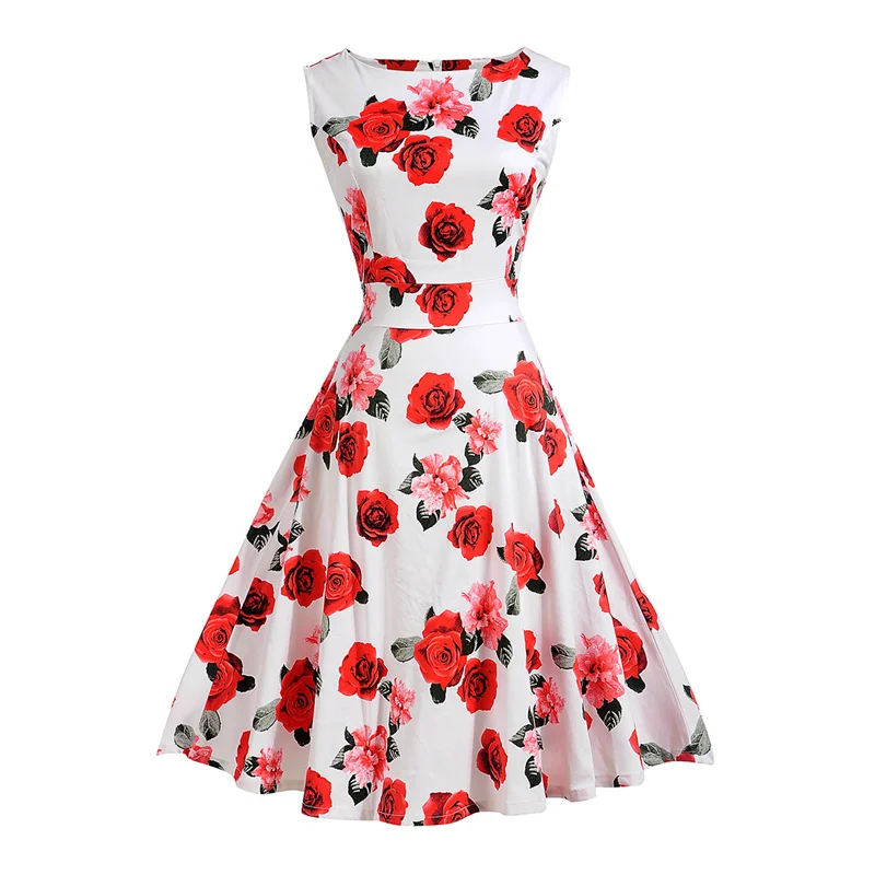 Kostlish Print Summer Dress Women 2017 Sleeveless Big Swing Belt Tunic Vintage Dress Elegant Rockabilly Party Dresses Sundress (1)