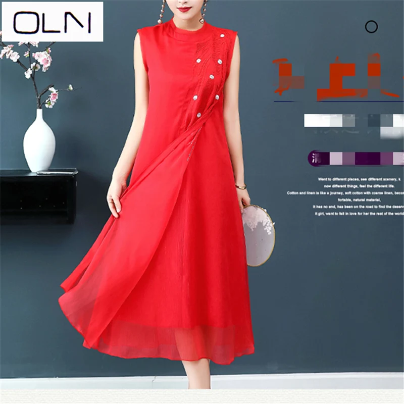 Dress Vestidos Korean OLN Summer New Arrival N Silk dress new loose vest dress chiffon embroidered A-dress M-4XL