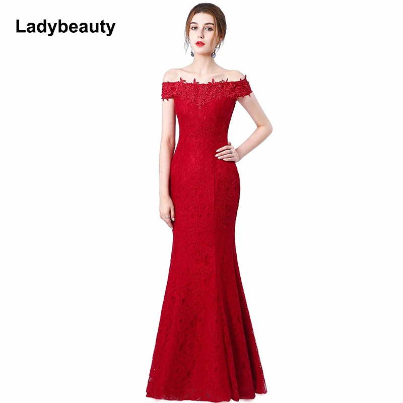 

2015 New Long Evening Dress Party Dresses Mermaid Boat-Neck Embroidery Lace Red Evening Dress Vestido De Renda