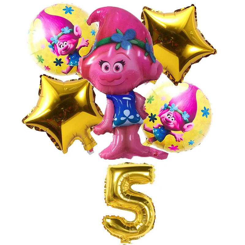 

6 pcs/lot Trolls Balloons Baby Boy&Gril Happy Brithday Helium Balloon Decoration Wedding Foil Air balloons Children's Gift