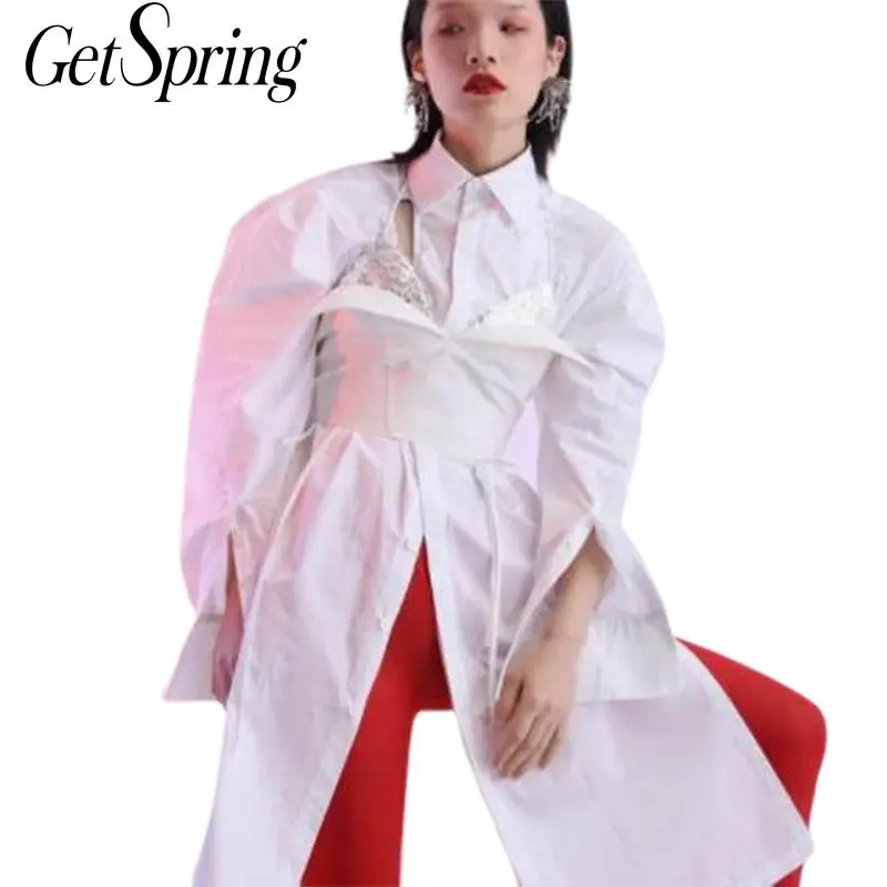 

GetSpring Women Shirt Blouse Cotton White Shirts Long Sleeved Loose Split Women Blouses All Match Women Tops Plus Size 2018 Top