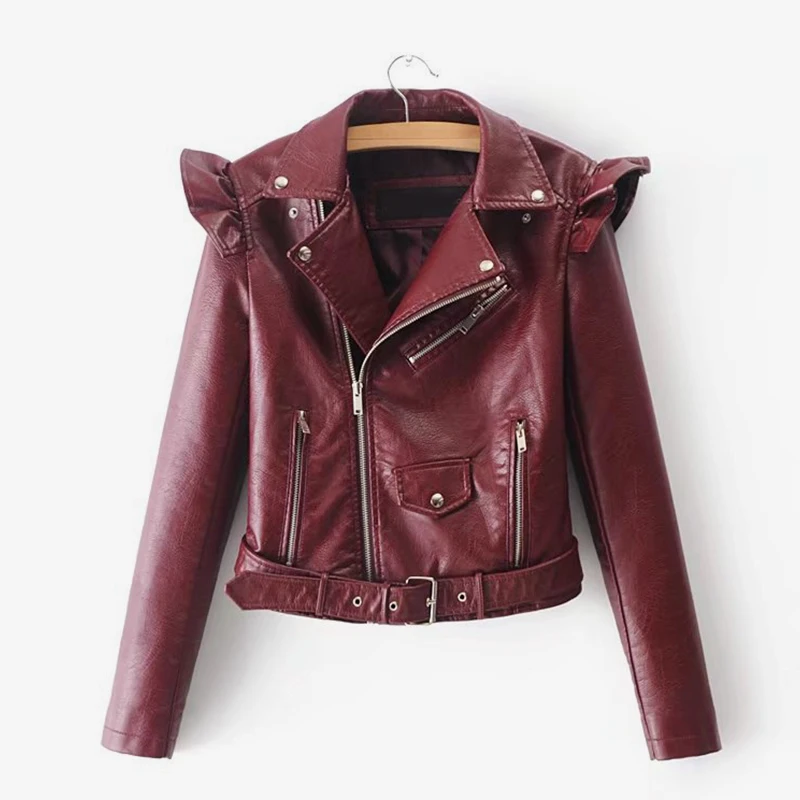 Women Ruffles Faux Leather Jacket Coat Long Sleeve Slim Woman's Biker