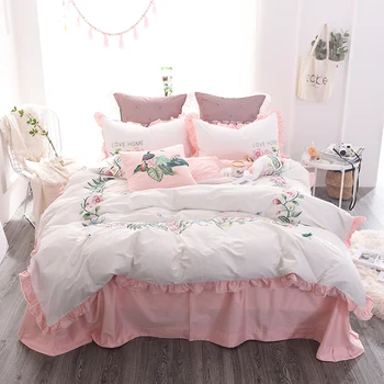 

Elegant embroidery Bedding Set 4pcs egyptian Cotton Duvet Cover Bed Sheet Pillowcases Bedroom Textile Bed Linen Queen girls Bed