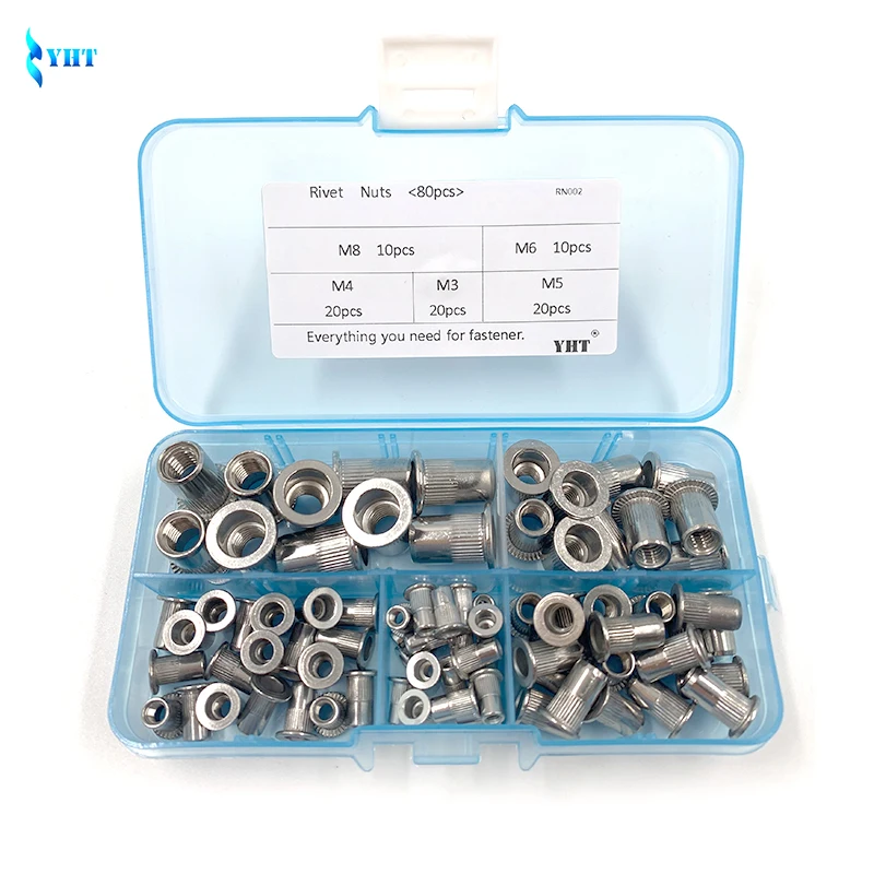 80Pcs/Box M3 M4 M5 M6 M8 304 Stainless Steel Rivnut Flat Head Threaded