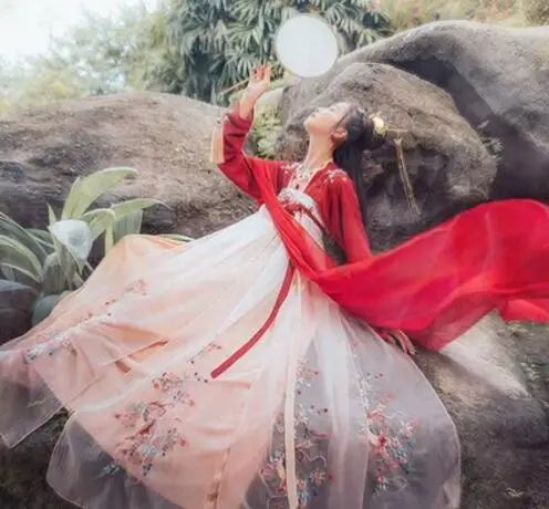 Женский костюм hanfu, костюмы древней китайской феи, качественная шифоновая одежда, китайский национальный народный танцевальный костюм