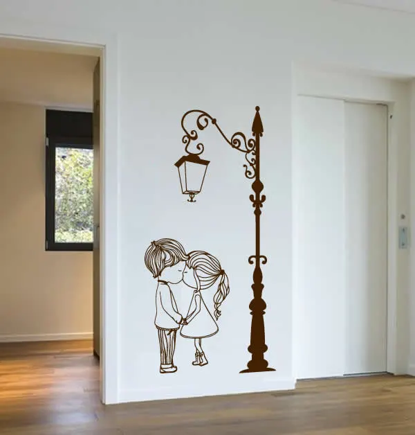 Наклейка на стену, виниловая уличная лампа, светильник с двумя милыми парочками для мальчиков и девочек, Настенная роспись, декор для гостиной, WW-232