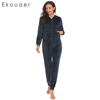 

Ekouaer Warm Women Pajama Sets Winter Sleepwear Fleece Hooded Long Sleeve Tops Elastic Waist Nightwear Suit Female Pajamas