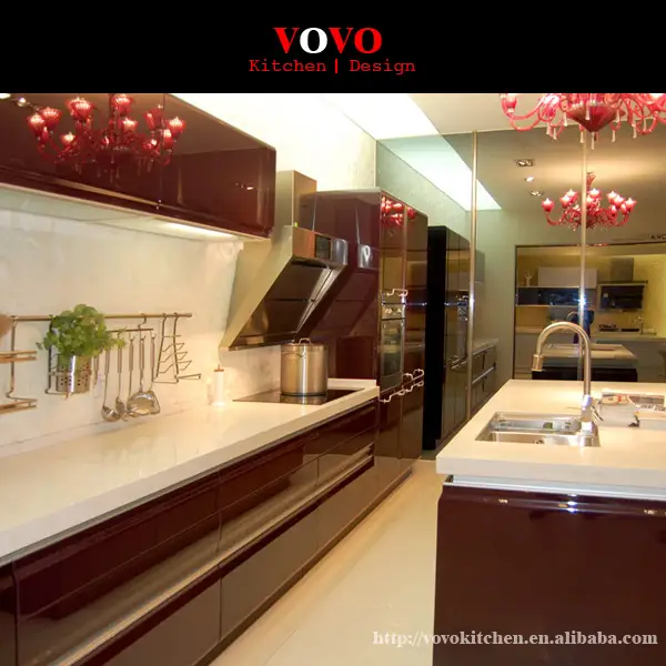 Luxury High Gloss Cherry Red Lacquer Kitchen Cabinet In Kitchen