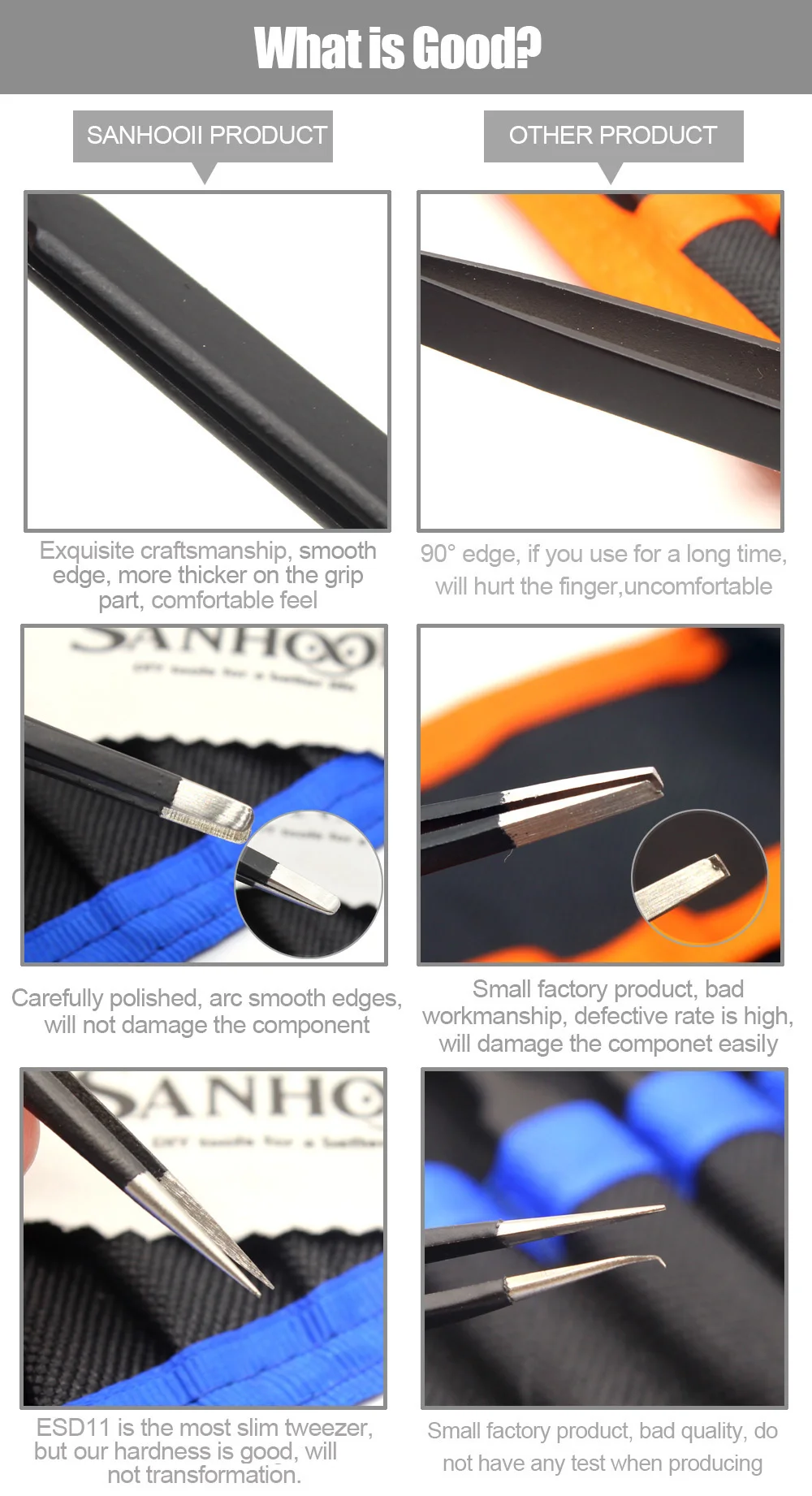 Sanhooii 9PCS ESD Stainless Steel Tweezers Kit Precision Anti-static Maintenance Tools for Electronics Jewelry Phone Repairing