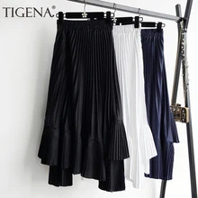 TIGENA Асимметричные Длинные гофрированные шифоновые юбки для женщин летняя корейская мода Высокая талия юбка женская повседневная черная белая юбка