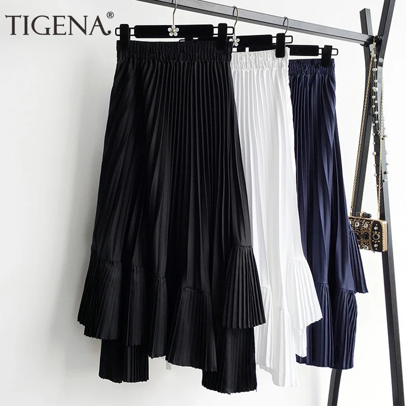 Miglior TIGENA Asimmetrico Pieghettato Chiffon del Pannello Esterno Lungo Delle Donne 2019 di Estate di Modo Coreano Gonna A Vita Alta Femminile Casual Nero Gonna Bianca