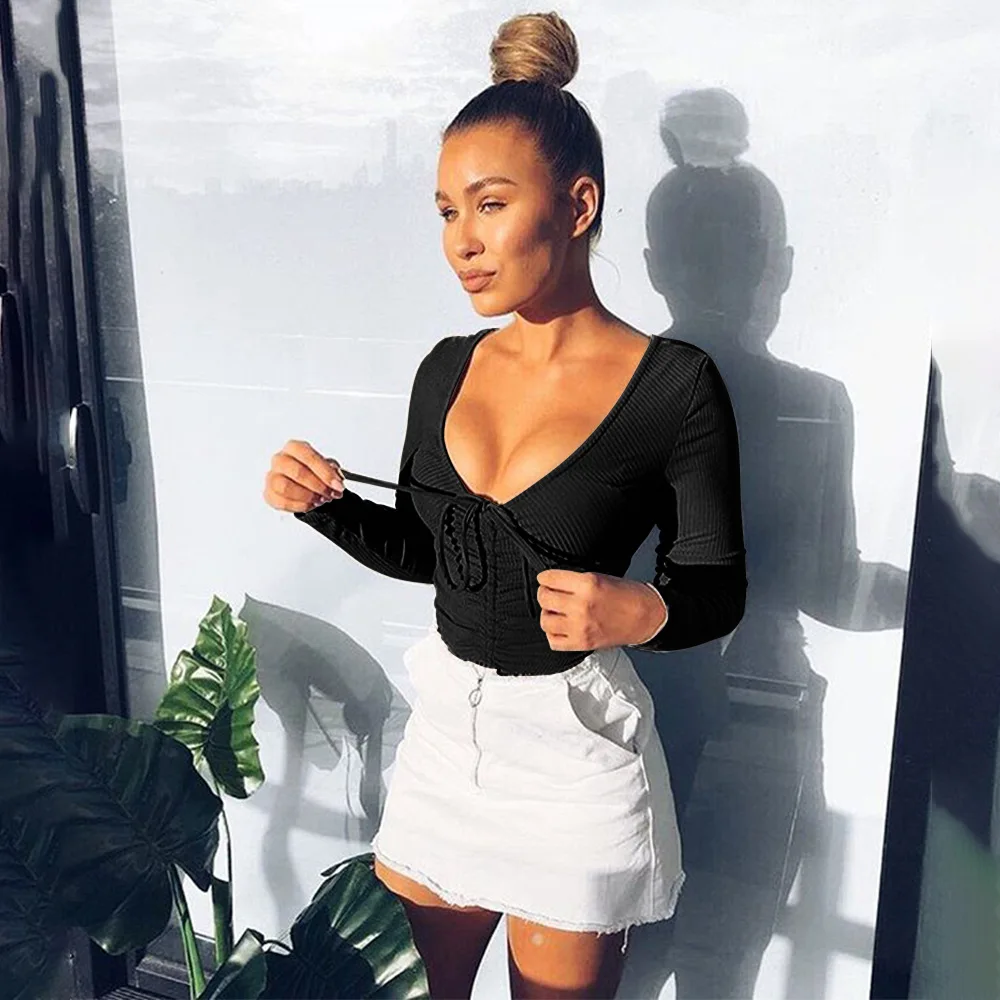 Snap buttons Sexy bodysuit long sleeve lace up bodycon solid overalls rompers womens jumpsuit party club streetwear