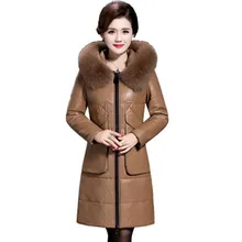 Зимний кожаный пуховик средней длины, Женская куртка большого размера, модное пальто с капюшоном и карманами, женское свободное кожаное толстое пальто 355