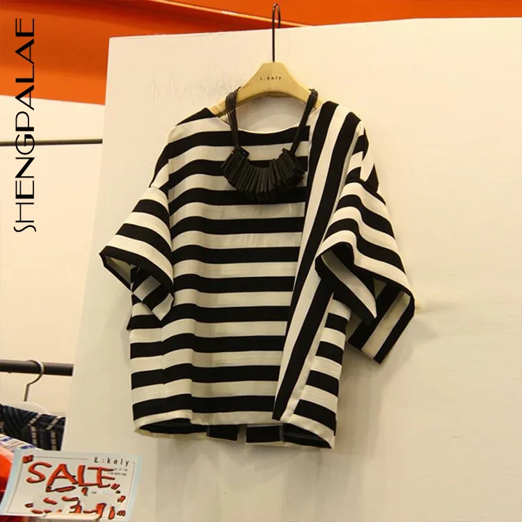 

SHENGPALAE New Summer Spring Japan Korea Style Short Sleeve With Striped Round-neck Personality Loose Women T-shirt Tide FQ976