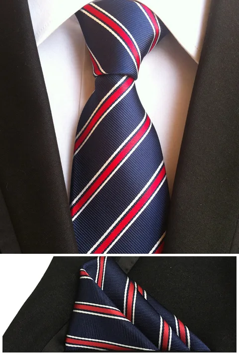 

2015 Fashion Ties SET 8cm formal tie navy blue with red & white diagonal stripes necktie with woven pocket square
