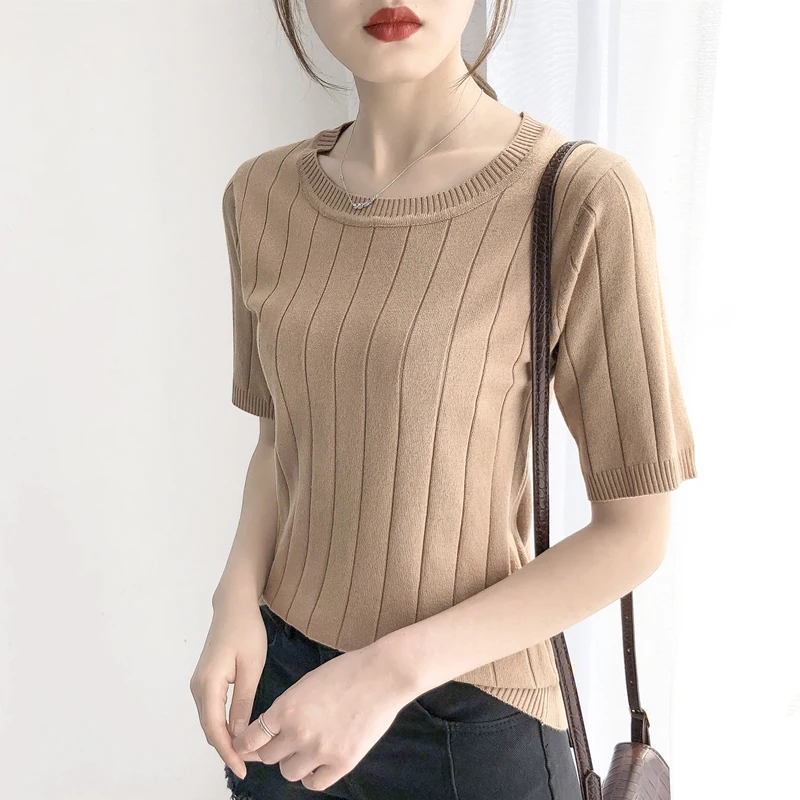 

2019 New Summer Women T Shirt Fashion Knitted Half Sleeves Tees Top O-Neck Solid Female Casual T-shirt