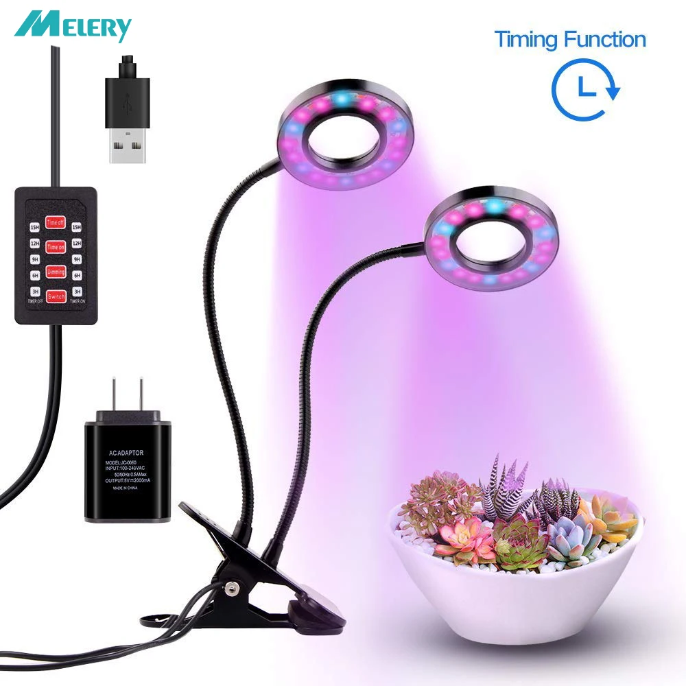 

Led Plant Growing Lamp Grow Lights Dual Head Timing Red/Blue Spectrum,3/6/9/12/15H Timer,Dimmable Switch Adjustable Gooseneck