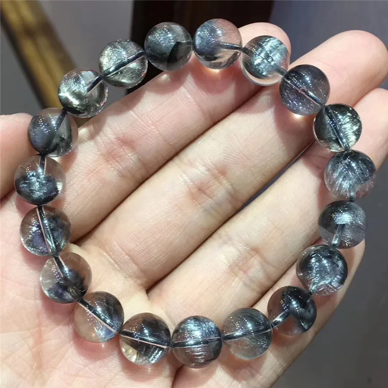 

10.1mm Natural Brookite Platinum Silver Rutilated Quartz Bracelet Woman Man Gift Round Beads Gift Crystal Stretch Lucky Jewelry