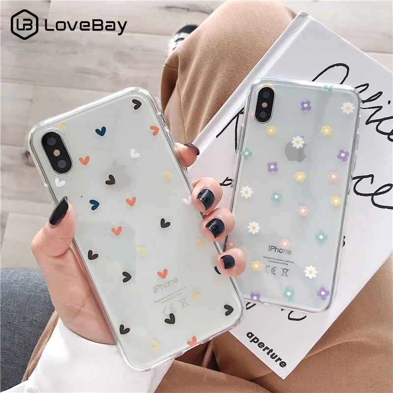 Lovebay لينة واضح الهاتف خزائن هاتف آيفون X XS ماكس XR 6 6 S 7 8 زائد حالة الزهور الحب القلب شفافة سيليكون جراب لظهر الجوال